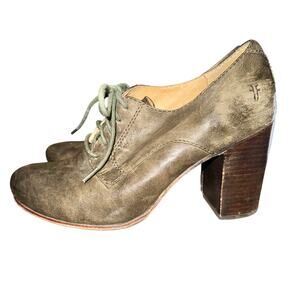 Frye Carson Heel Oxfords Women's Size 10 M Olive Green Leather Distressed Shoes